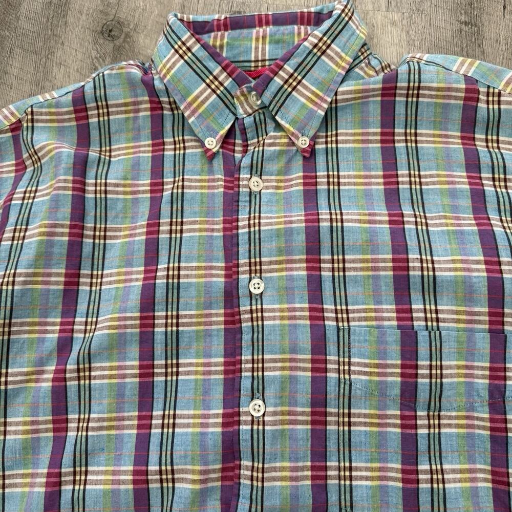 Nick Price Madras Shirt Mens Medium Blue Fuschia Plaid Cotton India Long Sleeve